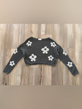 Cropped Charcoal Floral Knit Sweater - White Flower Accent